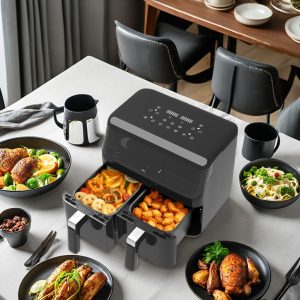 8L Stainless Steel Touchscreen Dual 4L Capacity Household Hot Air Fryer Electric Oil-Free with Temperature & Timer Control