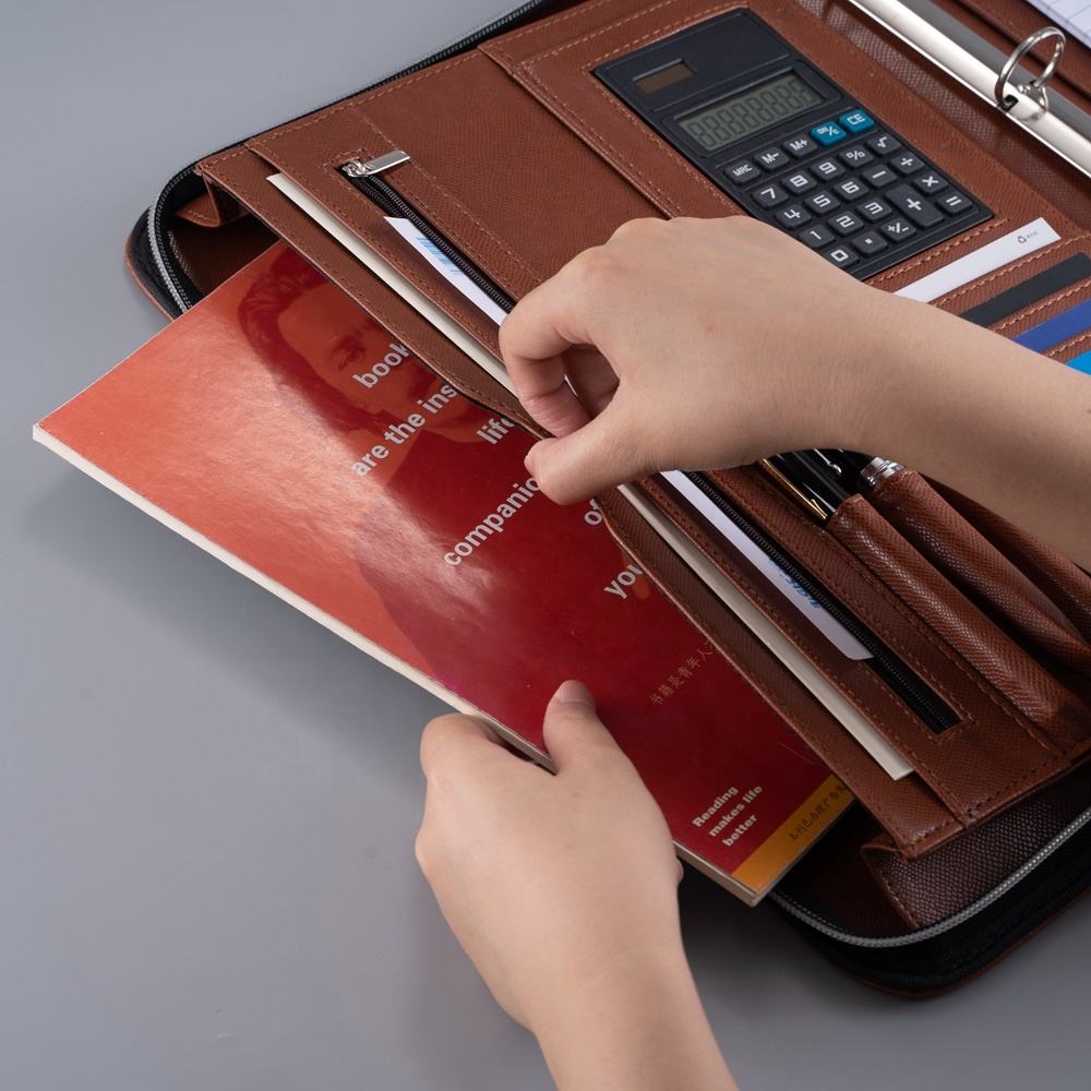 Brown Blue Custom 4 Ring Binder PU Leather A4 Padfolio With Calculator Multifunction Zipper Closure Black Business Portfolio - Image 2