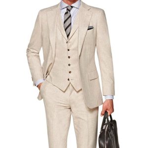 High Quality OEM Men's Beige Single-Breasted Suit Set 3 Pieces with Breathable Wool Fabric Pant Coat Design