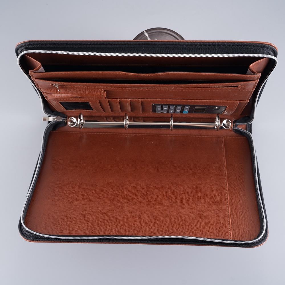 Brown Blue Custom 4 Ring Binder PU Leather A4 Padfolio With Calculator Multifunction Zipper Closure Black Business Portfolio - Image 5