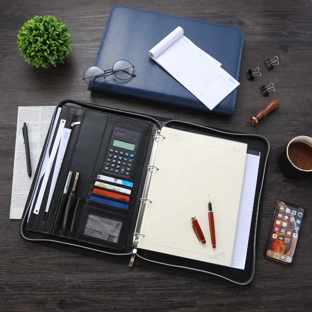 Brown Blue Custom 4 Ring Binder PU Leather A4 Padfolio With Calculator Multifunction Zipper Closure Black Business Portfolio - Image 6