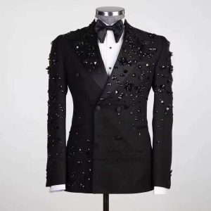 Luxury Metal Embellished Men Suits Notched Lapel Groom Tuxedos Wedding Prom Blazers Pants Outfit