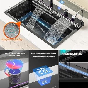 High End Kitchen Sinks One Piece Waterfall Digital Faucet Stainless Steel Single Black Smart Kitchen Sink Sets